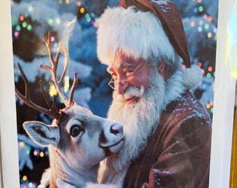 Handmade Christmas Greeting Card - Santa & A Reindeer