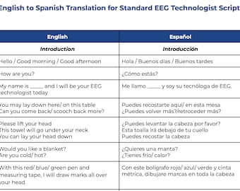 EEG Technologist Script | English to Spanish Translation Script | Printable