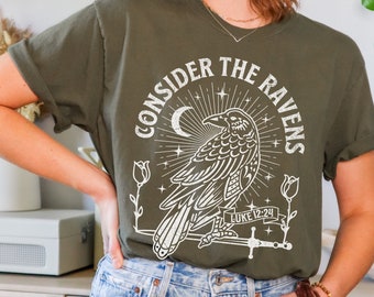 Boho Christian Consider the Ravens Bible Verse Graphic Tee, Trendy Church Shirt, Pastor Appreciation Gift, Christian Apparel, Comfort Colors