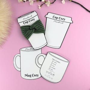 May include: A collection of white paper cutouts for cup and mug cozies, with a green knitted cozy wrapped around one cup. The text "Cup Cozy Handmade" and "Mug Cozy" are visible. The background is pink.