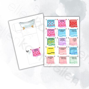 Op de afbeelding: Een printbare set van 12 bad-thema cadeaulabels met verschillende woordspelingen en illustraties van handdoeken en eenden. De labels zijn ontworpen om uit te knippen en aan geschenken te bevestigen.