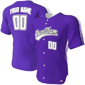 May include: Purple baseball jersey with white accents. The jersey has "Your Team" and "00" on the front and "Your Name" and "00" on the back.