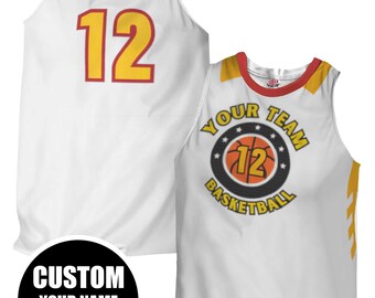 Custom White Basketball Jersey: Gold & Red Trim, Personalized Team Design