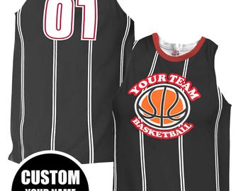 Custom Pinstripe Basketball Jersey: Black & Scarlet Red, Personalized Team Uniform