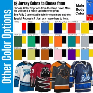 May include: A chart showing 18 different jersey colors to choose from. The colors are arranged in a grid with the names of the colors listed below each color swatch. The chart is titled "18 Jersey Colors to Choose from".