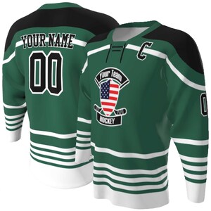 Forest Green body with black and white trim Lace up Neck Custom Hockey Jerseys - USA Shield Your Team Hockey Design, Multi stripe, Player Name and Numbers, Birds Eye Mesh, Sublimated