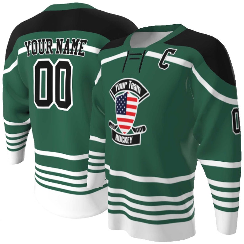 Forest Green body with black and white trim Lace up Neck Custom Hockey Jerseys - USA Shield Your Team Hockey Design, Multi stripe, Player Name and Numbers, Birds Eye Mesh, Sublimated