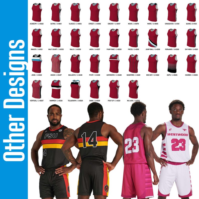 There are many, many design options.  Choose from a template, assign up to 5 different colors, select from a multitude of fonts, 40 colors plus so much more... custom patterns, custom logos and if that's not enough, we can provide full service design services.  Free with any order over $100