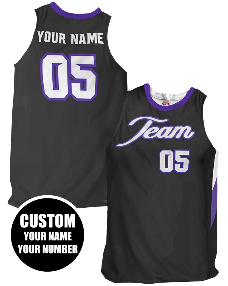 Custom Black Basketball Jersey with White and Purple Trim. Customized with Your Team in an Elegant Script Font, Striking Bold Names and Numbers.