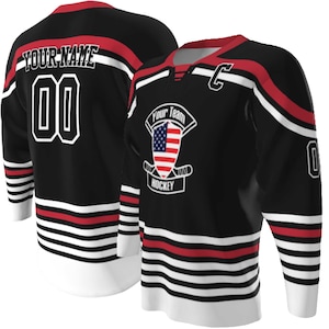 Black body with true red and white trim Lace up Neck Custom Hockey Jerseys - USA Shield Your Team Hockey Design, Multi stripe, Player Name and Numbers, Birds Eye Mesh, Sublimated