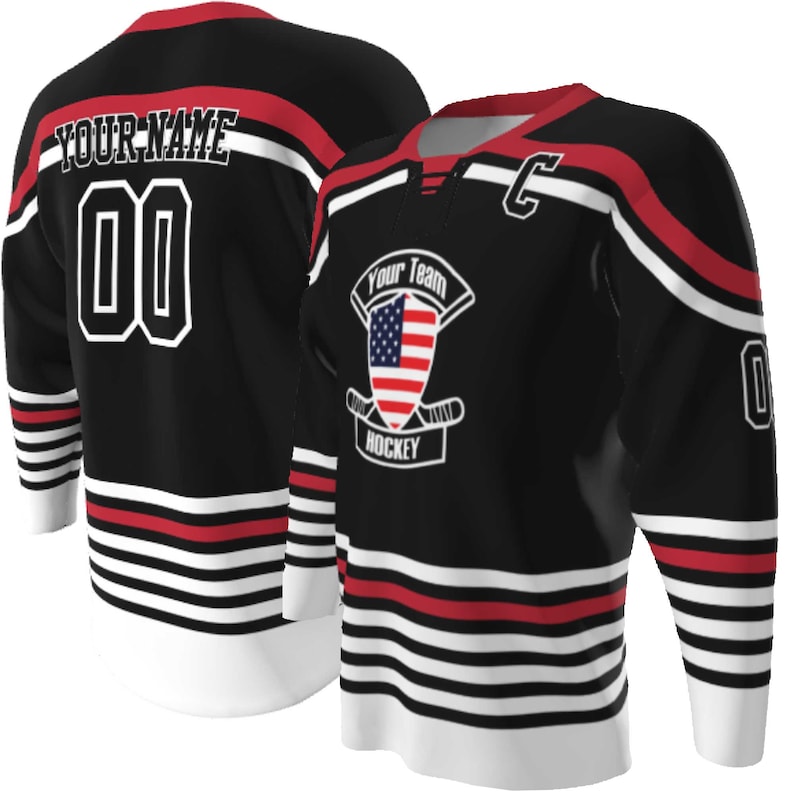 Black body with true red and white trim Lace up Neck Custom Hockey Jerseys - USA Shield Your Team Hockey Design, Multi stripe, Player Name and Numbers, Birds Eye Mesh, Sublimated