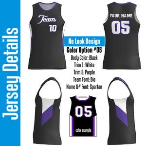 You can see a mockup before we send to production when you order this Custom Black Basketball Jersey with White and Purple Trim. Customized with Your Team in an Elegant Script Font, Striking Bold Names and Numbers.