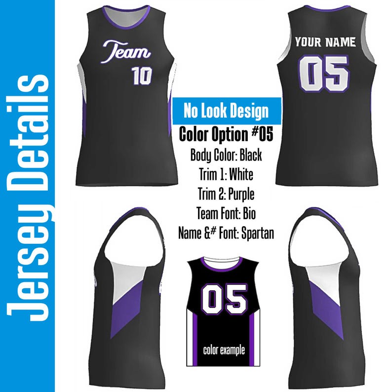 You can see a mockup before we send to production when you order this Custom Black Basketball Jersey with White and Purple Trim. Customized with Your Team in an Elegant Script Font, Striking Bold Names and Numbers.