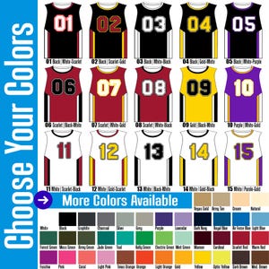 Choose from popular basketball jersey colors, black, red, gold, purple, and white or make your own creation with 40 different colors to choose from