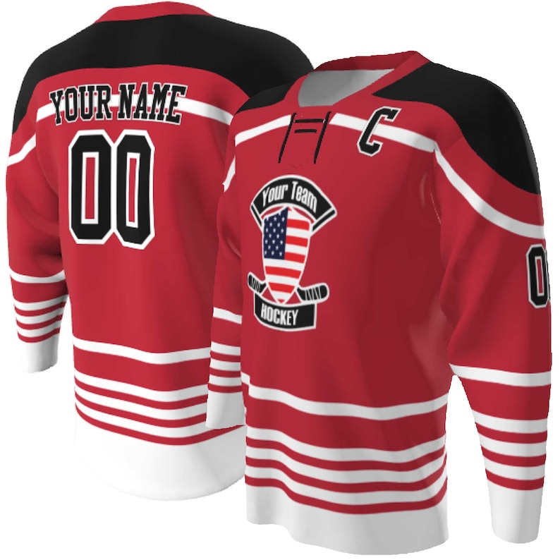 True Red body with black and white trim Lace up Neck Custom Hockey Jerseys - USA Shield Your Team Hockey Design, Multi stripe, Player Name and Numbers, Birds Eye Mesh, Sublimated