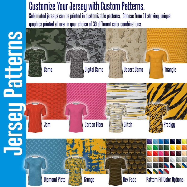 May include: Eleven different jersey patterns are shown, including camo, digital camo, desert camo, triangle, jam, carbon fiber, glitch, prodigy, diamond plate, grunge, and hex fade. A color chart with 39 different color options is also shown.