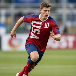 May include: A soccer player in a red, white, and blue USA jersey with the number 10, running on a green field. The jersey has "USA" printed vertically in white. The player is wearing red socks and blue shorts.