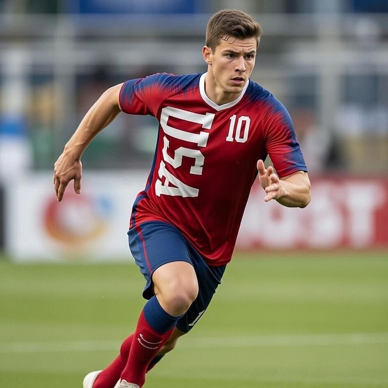 May include: A soccer player in a red, white, and blue USA jersey with the number 10, running on a green field. The jersey has "USA" printed vertically in white. The player is wearing red socks and blue shorts.