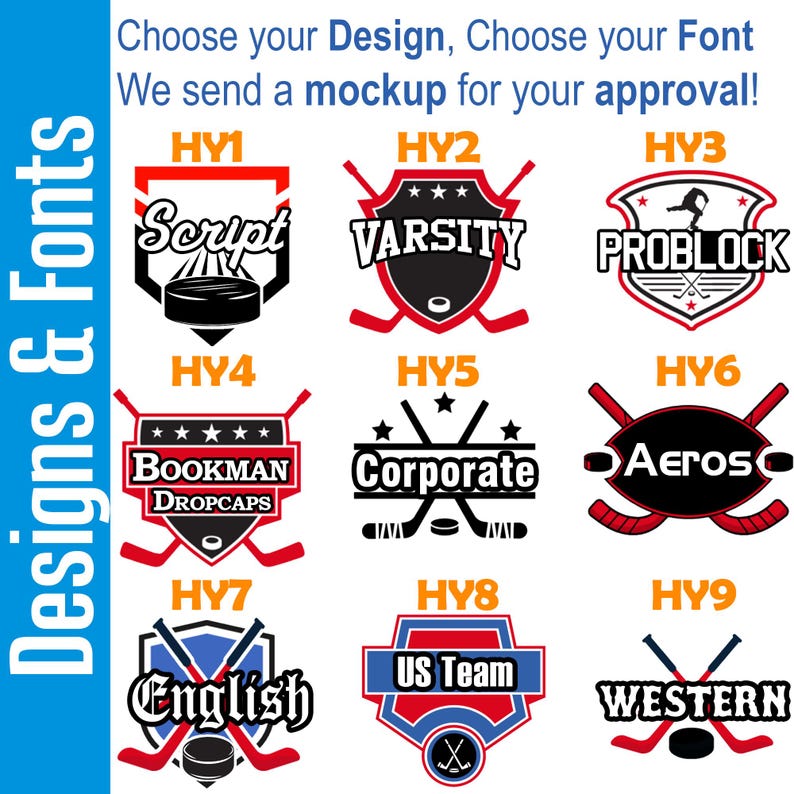 Puede incluir: Una pantalla gr&aacute;fica titulada Designs & Fonts que presenta nueve opciones de logotipos con tem&aacute;tica de hockey, etiquetadas de HY1 a HY9. Cada dise&ntilde;o incorpora elementos como palos de hockey, discos, escudos y estrellas, con estilos de texto que incluyen Script, Varsity, Problock, Bookman, Corporate, Aeros, English, US Team y Western.