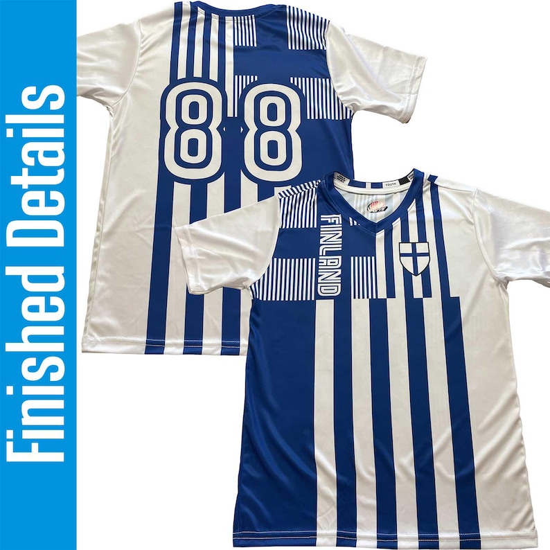 May include: Two white and blue soccer jerseys. One jersey has the number "88" in white on the back. The other jersey has the word "FINLAND" and a cross emblem. Both jerseys have a blue and white striped design.