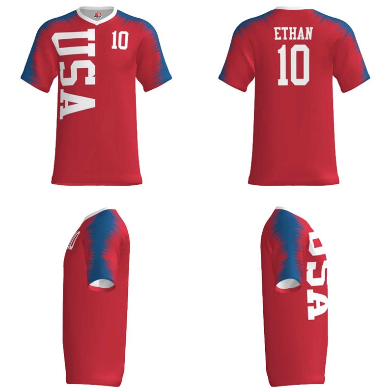May include: Red soccer jersey with blue accents on the sleeves and collar. The front features the text "USA" vertically and the number "10". The back displays the name "ETHAN" and the number "10".