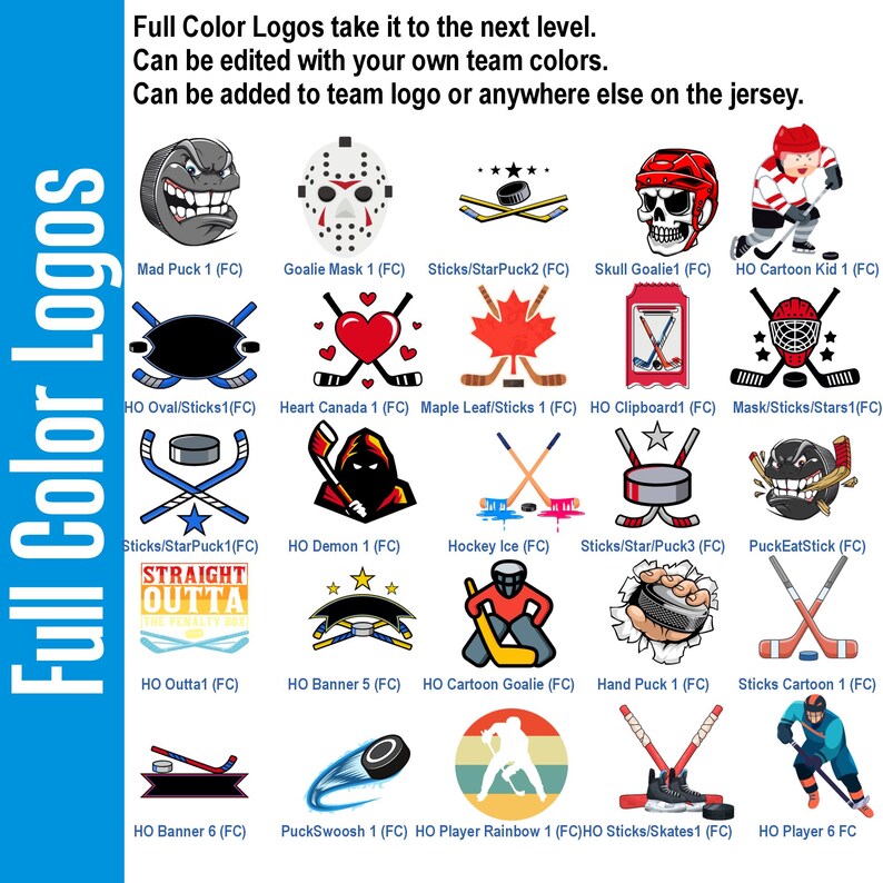 Puede incluir: Una cuadr&iacute;cula de veinticinco logotipos de hockey con discos, palos, m&aacute;scaras de portero, calaveras y jugadores de dibujos animados. El texto superior dice: Full Color Logos take it to the next level. Can be edited with your own team colors.