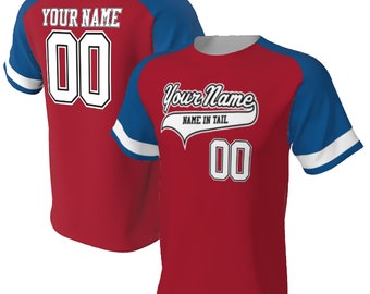 3 Color Custom baseball jersey, team name with tail, personalized player names and numbers, scarlet red, royal blue, navy blue, white