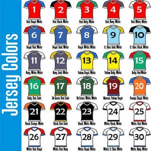 May include: A grid of 30 different jersey designs, each with a unique color scheme and number. The jerseys are displayed on a white background, with the text "Jersey Colors" in a blue vertical banner on the left.