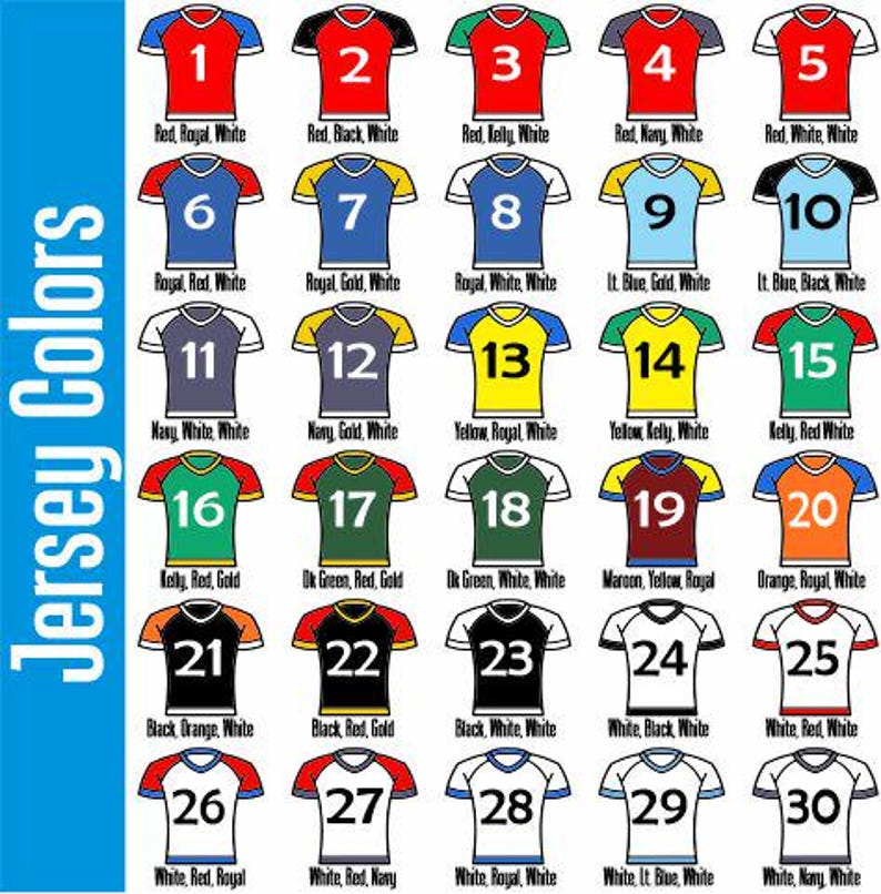 May include: A grid of 30 different jersey designs, each with a unique color scheme and number. The jerseys are displayed on a white background, with the text "Jersey Colors" in a blue vertical banner on the left.