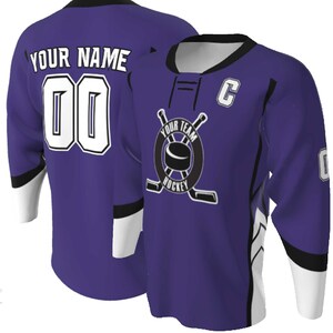 Purple Body with black and white trim, Lace up Neck Custom Hockey Jerseys, Your Team Circle 2 Line Hockey Design, Crescent Side, Bold Sleeve Stripe, Name and Numbers, Sublimated