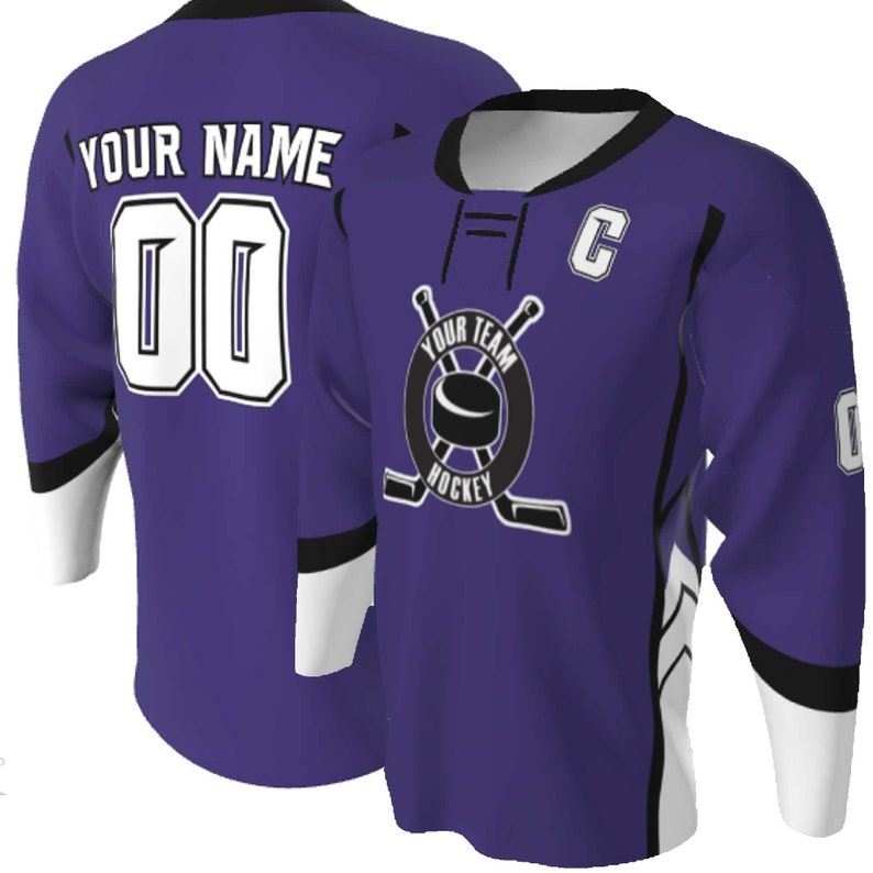 Purple Body with black and white trim, Lace up Neck Custom Hockey Jerseys, Your Team Circle 2 Line Hockey Design, Crescent Side, Bold Sleeve Stripe, Name and Numbers, Sublimated