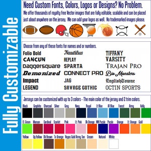May include: A customizable jersey design template with a variety of font options, including Folio Bold, Cancun, Nautilus, Replay, Daggersquare, Sparta, Demonized, Connect Pro, Impact, Legend, Jag, Savage Gothic, Tiffany, Varsity, Trajan Pro, Bio Monsters, EnglishTowne, and Octin Sports. The template also includes a color chart with 24 different color options.