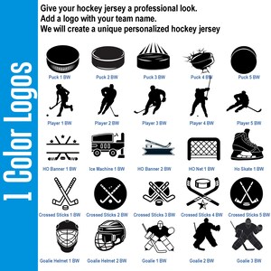 Puede incluir: Una colecci&oacute;n de iconos de hockey en blanco y negro dispuestos en una cuadr&iacute;cula. La imagen presenta varios dise&ntilde;os, incluyendo discos, jugadores, una m&aacute;quina de hielo, una red, un pat&iacute;n, palos cruzados, cascos y porteros con etiquetas.