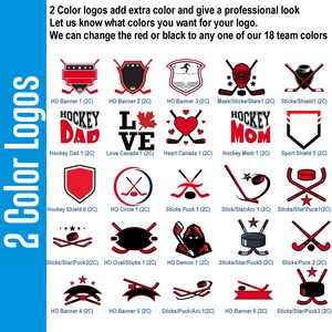 Puede incluir: Una cuadr&iacute;cula de veinticinco logotipos de hockey en rojo y negro, con iconos como palos, discos, escudos y textos como Hockey Dad y Hockey Mom. La imagen incluye el texto 2 Color logos add extra color and give a professional look.