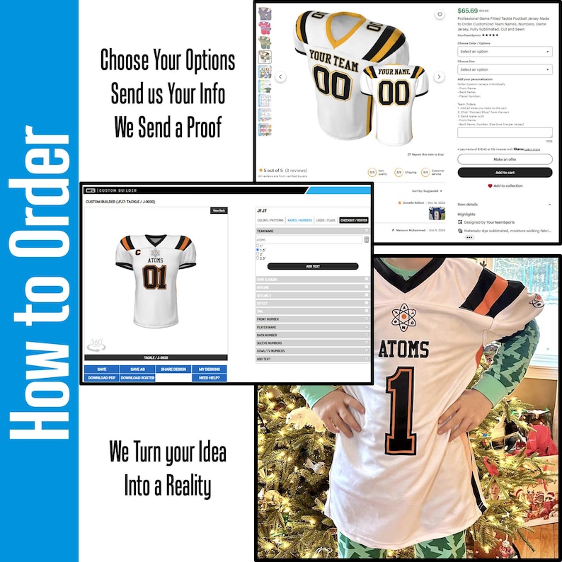 Find out how to order a custom sublimated jersey. Just submit your details including the names, numbers and any logos you want. Then we will send a mockup of the jersey.  Once approved your custom jersey is sent to production and will be shipped as quickly as possible.  Make sure to let us know if you need a rush.  There are faster shipping options available for a nominal charge.