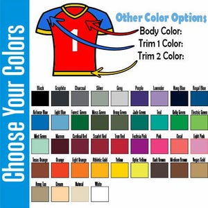 May include: A red jersey with blue and yellow trim, featuring the number 1. The image includes a color chart with options for the body, trim 1, and trim 2 colors. Text reads "Choose Your Colors" and "Other Color Options."