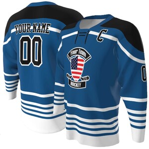 Royal blue body with black and white trim Lace up Neck Custom Hockey Jerseys - USA Shield Your Team Hockey Design, Multi stripe, Player Name and Numbers, Birds Eye Mesh, Sublimated
