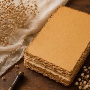 May include: A stack of rectangular, tan-coloured paper sheets with rough, deckled edges. The paper has a textured, fibrous appearance. Beside the stack lies a dark metal wax seal handle and a sprig of dried, light-coloured baby's breath flowers.