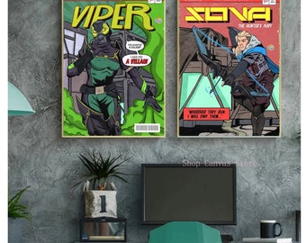May include: Two comic book covers featuring characters from the video game League of Legends. The left cover features Viper, a green and black character with a mask, and the text "I gave you a villain". The right cover features Sona, a woman with blonde hair and a blue and white outfit, holding a bow and arrow. The text on the cover reads "The Hunter's Fury".