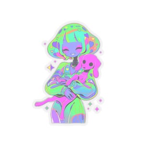 May include: A sticker featuring a colourful illustration of a girl with green hair and a pink dog. The girl is wearing a green and purple sweater and has a pink heart necklace. The dog is being held in her arms. The background is white with stars.