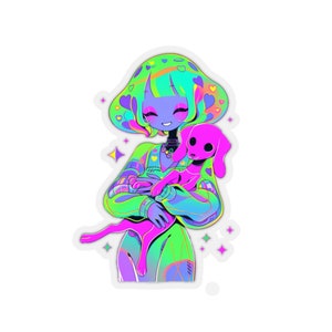 Interplanetary Bond: Joyful Light Blue Alien Girl and her Alien Companion- Stickers
