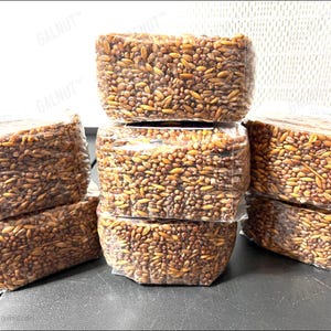 May include: Five rectangular, clear plastic-wrapped packages containing a dense mixture of brown and golden-brown grains. The packages are stacked in a pyramid formation, with the text GALNUT printed repeatedly on the transparent packaging.