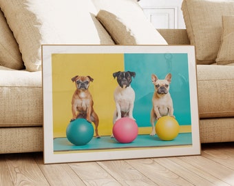 May include: Three dogs, a brown and white, a black and white, and a brown and white, are sitting on a yellow, blue, and turquoise background. Each dog is holding a ball in front of them. The balls are yellow, pink, and blue.
