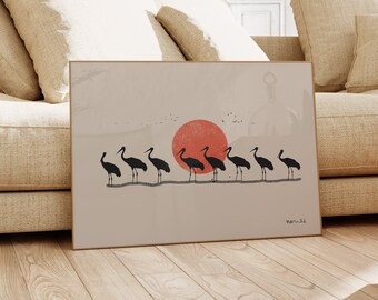 May include: A framed print of a minimalist art design featuring a line of black birds with a large red circle in the background. The print is on a light beige background and has a simple, modern aesthetic.
