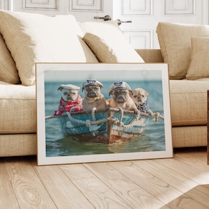 Carlini su una barca Stampa artistica Poster di cane nautico Animale carino Regalo di arte da parete per gli amanti degli animali domestici / STAMPATO su carta fotografica premium