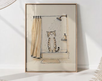 Wet Tabby Cat in Shower Print, Ink and Ochre Sketch