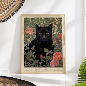 Black Panther Roses Art Print - William Morris Inspired Floral Background, Elegant Vintage Animal Decor