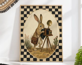 Rabbit Photographer with Antique Camera on Checkerboard, Whimsical Vintage Wall Art