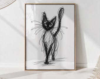 Siamese Cat Scribble Print, Black Ink Line Drawing