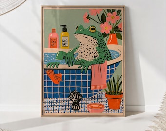 Frog Bathtub Print, Green Frog Bathroom Wall Art